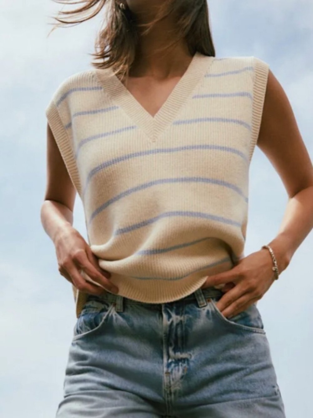 Reformation Janey Cotton Striped White and Blue Oversized Sweater Vest Medium